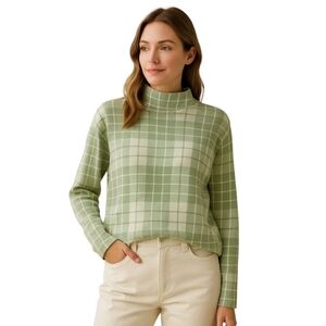 Tahari Sage Green Plaid Mock Neck Sweater Top Soft Stretch Knit Sz S NWOT Office